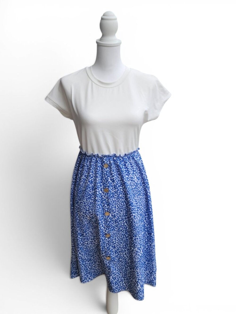 Shein Blue and White Patterned Dress with Button Front